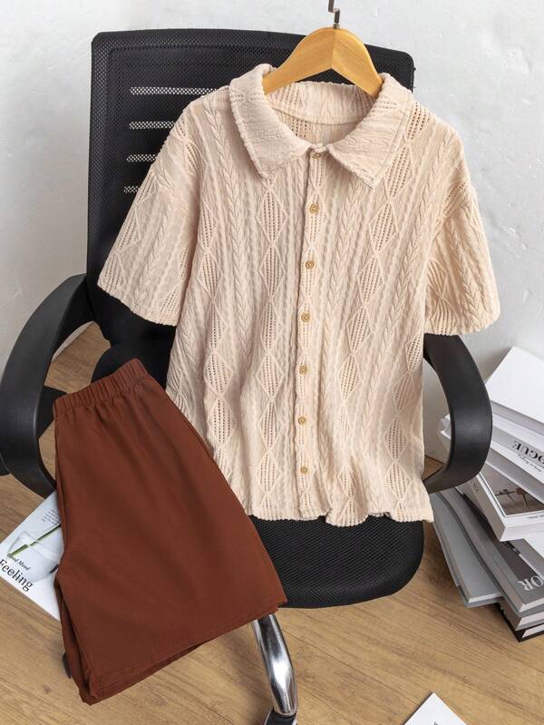 Set de 2 piezas de camisa con cuello y pantalones cortos de carga con patrón texturizado para hombres y adolescentes varones