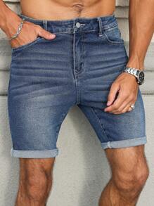 Manfinity Homme Shorts en jean casual à poches et revers pour hommes, polyvalent
