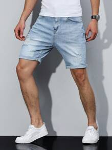 Manfinity Homme 大码男士休闲做旧水洗牛仔短裤