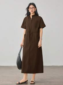 Dazy-Less Vestido casual holgado de manga corta con cuello en V y largo midi con bolsillos grandes y cintura con cordón para mujer, estilo de cargo para mujer de negocios casuales