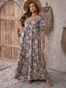 EMERY ROSE Vestido largo holgado casual con cuello en V y estampado de plantas para tallas grandes, look casual campestre para vacaciones, sencillo y de moda para uso diario, blusas de verano para mujer, conjuntos de verano para mujer