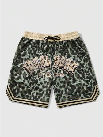 Street Life Herren Buchstaben- und Leopardenmuster Shorts mit Kordelzug in Taille, locker, Lässig