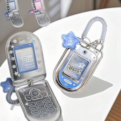 1 件银色 Y2k Aholic 翻盖手机卡包 - 银色 PU 皮革袋，适用于双 SIM/ID 卡，带钥匙扣的迷你钱包，可爱卡哇伊配件