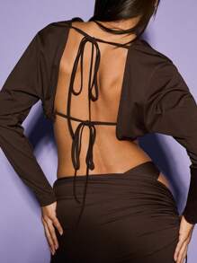 KIZN Open Back Crop Top Side Tie Long Sleeve Draped Office Professional Fall Winter Spring Casual Party Club Wear Ruched Detail - Coffee Brown - View 5