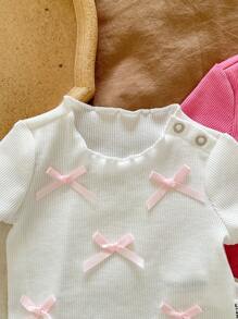 LMoss Kids Bộ đồ ngủ thoải mái thường ngày cho bé gái sơ sinh 4 món trang trí nơ ruy băng tối giản viền sóng cổ tròn tay ngắn và quần dài dệt kim - Hồng - Xem 6