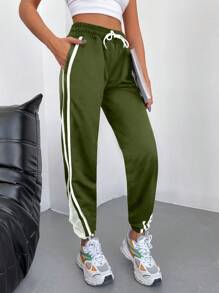 EURMUSE 95% Cotton Striped Side Drawstring Waist Sweatpants - Green - View 3
