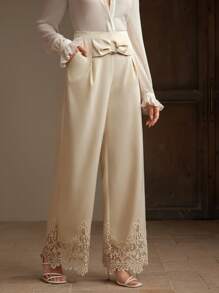 Anewsta Women's Design Waist Cinching High-End Elegant Lace Splice Long Pants - Khaki - View 4