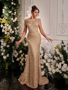 Glamrae 优雅撞色网纱贴花长袖V领高腰鱼尾正式晚礼服、派对礼服、婚礼宾客礼服、情人节礼服 - 香檳色 - 查看 5