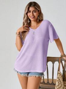 SHEIN VCAY Áo thun hở lưng cổ chữ V màu trơn tối giản cỡ lớn - Màu tím hoa cà - Xem 4