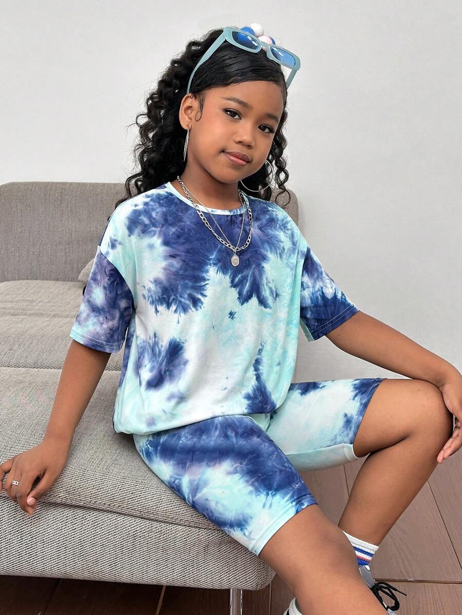 SHEIN Bộ 2 áo thun rộng nhuộm loang và quần legging bó cho bé gái tuổi mới lớn - Màu xanh nhạt - Xem 1