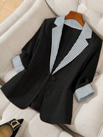 Regalyn Plus Size Women Striped Splice Long Sleeve Button Casual Blazer Jacket, Suitable For Commuting Graduation,Back To School,Teacher Outfits For Women Winter Fall Autumn