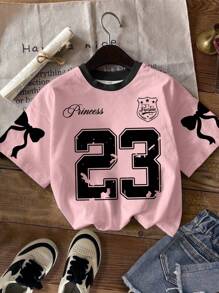 SHEIN EZwear Camiseta holgada de mujer de manga corta, cuello redondo, con número 23 en estilo minimalista casual, apta para el verano