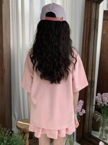 DAZY 青少年女孩标语印花落肩 T 恤和休闲迷你裙两件套，女孩夏季服装，返校服装 - 粉色 - 查看 5