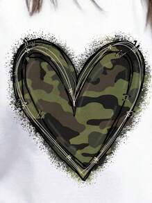 SHEIN LUNE 夏季休闲迷彩爱心印花上衣 - 白色 - 查看 4