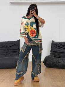 Coolane 女式夏季音乐会狂欢街头服饰复古 Y2K 数字图案超大 V 领 T 恤、针织 T 恤