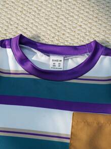 SHEIN Explorewe 2 件套男童数码条纹印花圆领短袖 T 恤和短裤套装，夏季