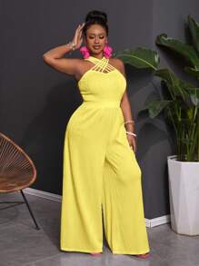 Slaydiva Plus Size Women's Elegant Criss-Cross Front Jacquard Jumpsuit, Suitable For Casual Commute And Vacation