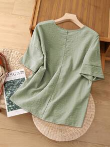 SHEIN LUNE 夏季休闲纯色亚麻棉质纽扣装饰系带衬衫