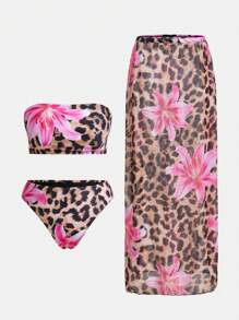 Swim Oasis Plus Size Women Floral & Leopard Print Sexy Halter Tankini Swimsuit Set Z Przezroczystym Nakryciem i Spódnicą Na Letnią Plażę