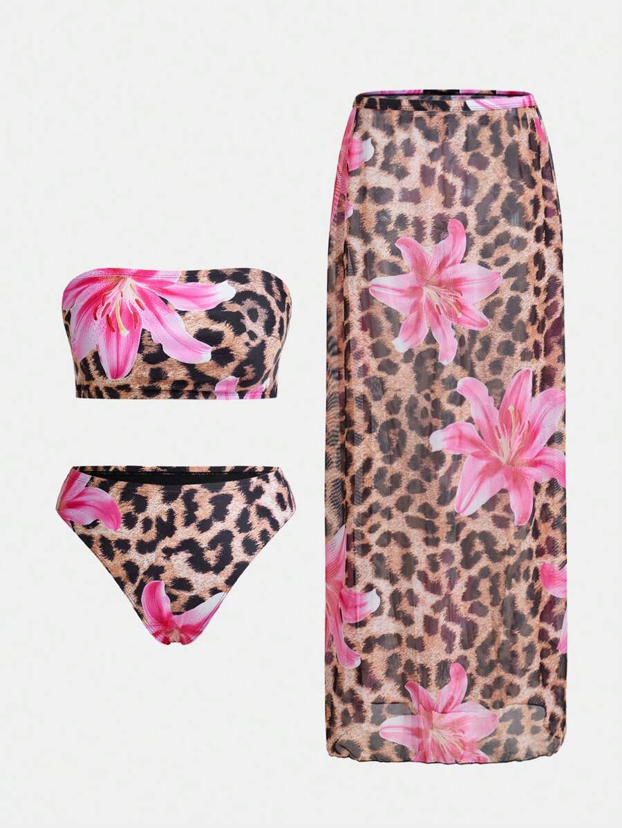 Swim Oasis Plus Size Women Floral & Leopard Print Sexy Halter Tankini Swimsuit Set Z Przezroczystym Nakryciem i Spódnicą Na Letnią Plażę