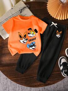 男童卡通字母印花短袖T恤和裤子休闲装 - 黑色 - 查看 1