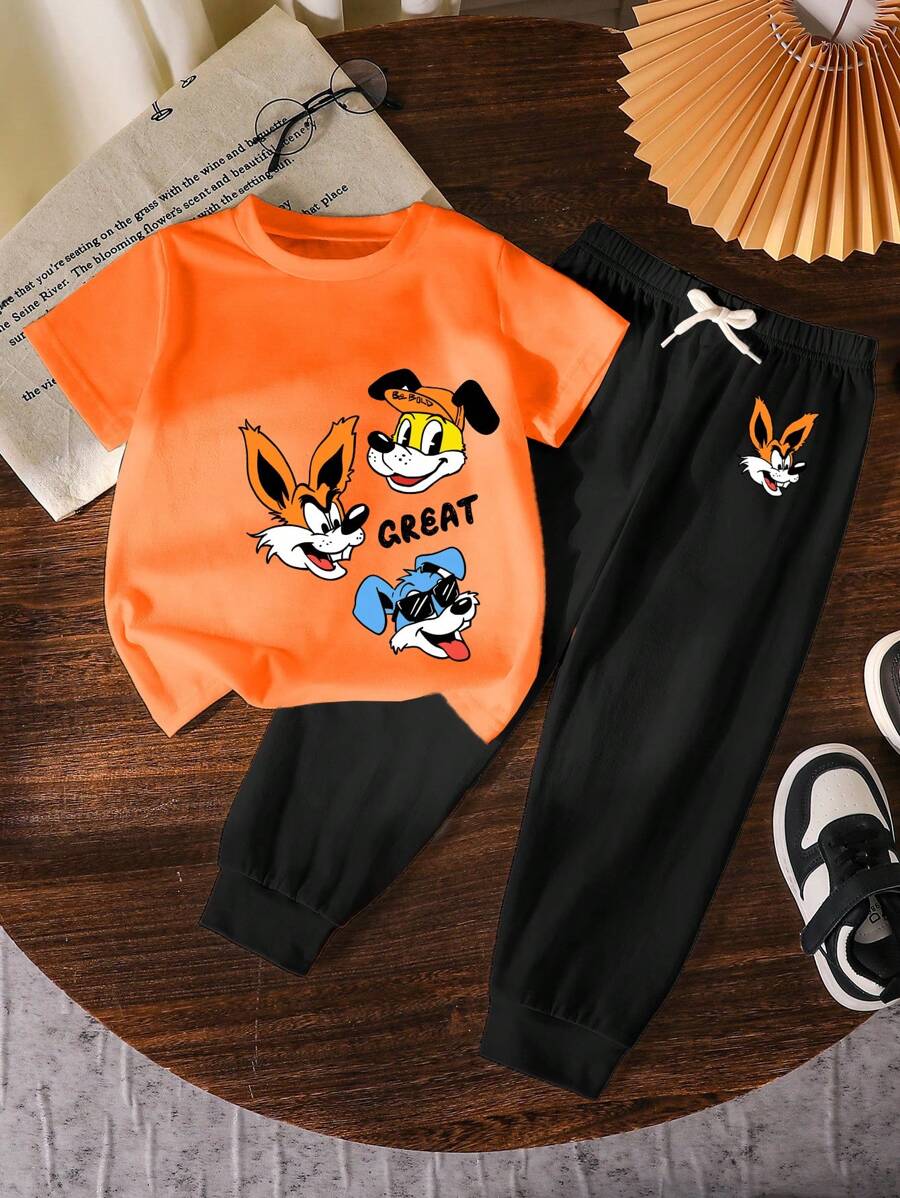 男童卡通字母印花短袖T恤和裤子休闲装 - 黑色 - 查看 1