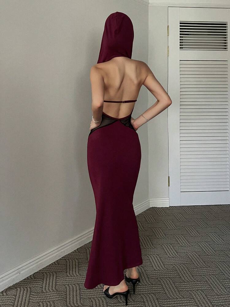 Women's Solid Color Fitted Mermaid Long Dress With Mesh Sheer Backless Design, Summer Beach Holiday,Formal Women Dresses Cocktail Dress