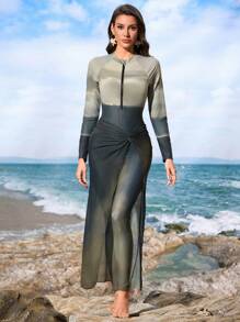 Swim Shayni 2025年新款热销3件套女士泳衣套装，包含扎染印花比基尼上衣、配套扎染印花裤/裙和透视长裙，保守女士泳装，度假/沙滩装，泳池装 - 彩色 - 查看 1