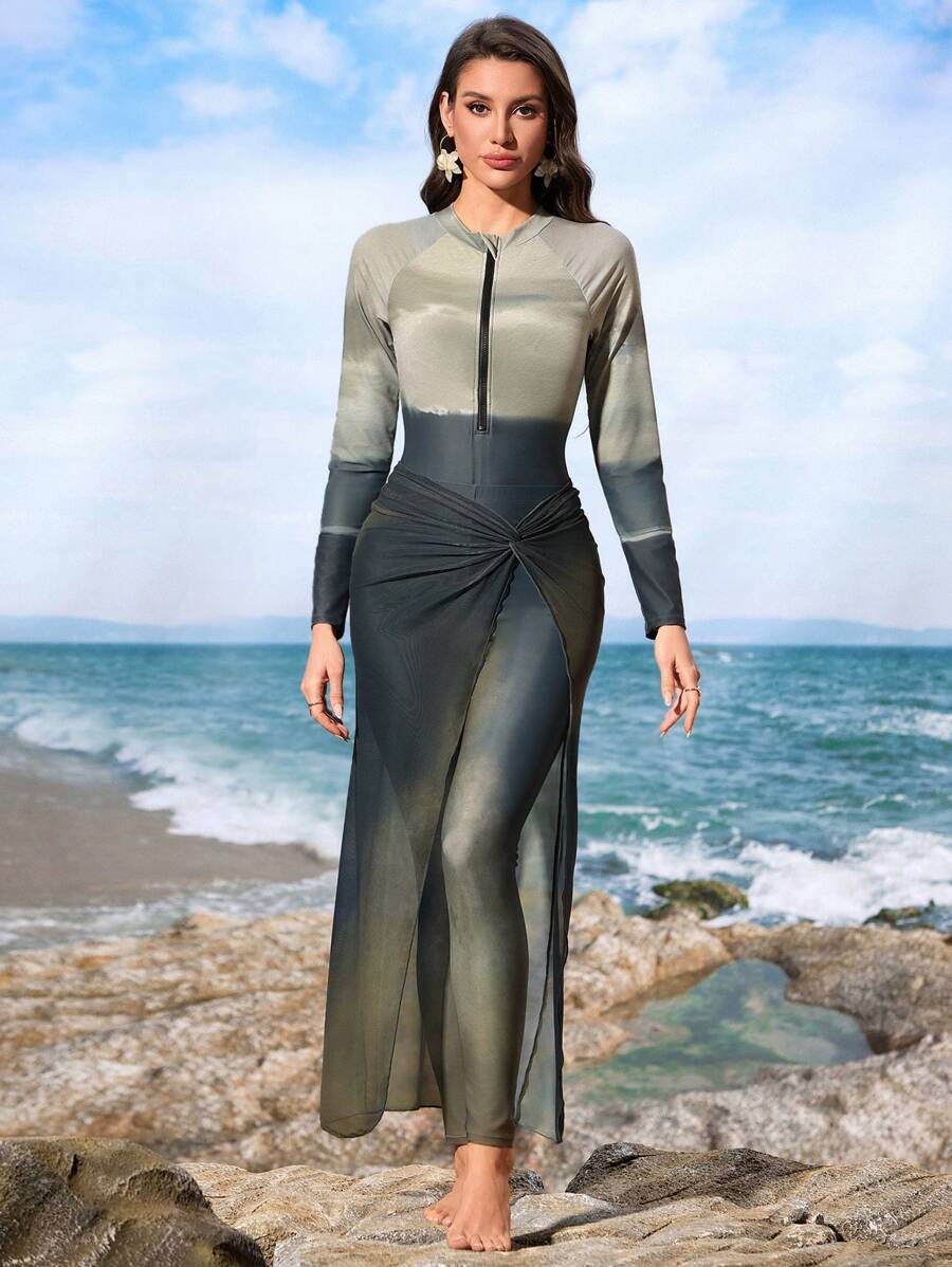 Swim Shayni 2025年新款热销3件套女士泳衣套装，包含扎染印花比基尼上衣、配套扎染印花裤/裙和透视长裙，保守女士泳装，度假/沙滩装，泳池装 - 彩色 - 查看 1