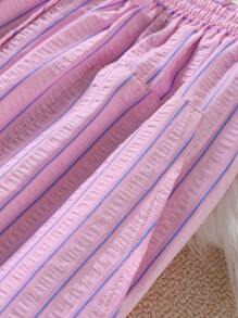 SHEIN LUNE 大码女式高腰系带条纹阔腿宽松休闲裤 - 粉色 - 查看 4