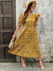 SHEIN VCAY 大码休闲碎花泡泡袖连衣裙