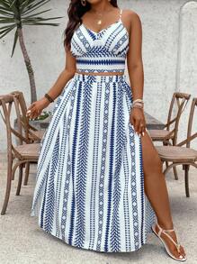 SHEIN VCAY 2pcs Plus Size Spaghetti Strap Top And Skirt Set, Fashionable For Summer,Vacation Outfits Woman,2 Piece Summer Outfit