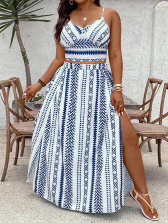 SHEIN VCAY 2pcs Plus Size Spaghetti Strap Top And Skirt Set, Fashionable For Summer,Vacation Outfits Woman,2 Piece Summer Outfit