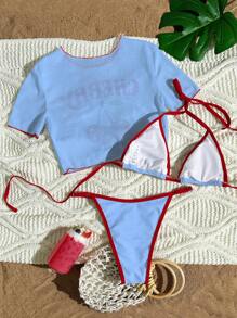 Swim Mod 女式三件套樱桃字母印花比基尼套装，带肩带和丁字裤，另加透明网眼罩衫，女士夏季沙滩装