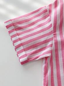 Elamini 条纹短款宽松翻领短袖女式衬衫 - 玫紅色 - 查看 6