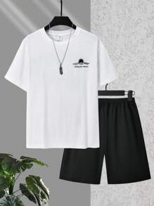 SHEIN 2pcs/Set Teenager Boys' Vacation Casual Palm Tree Graphic Round Neck T-Shirt And Sports Shorts Set