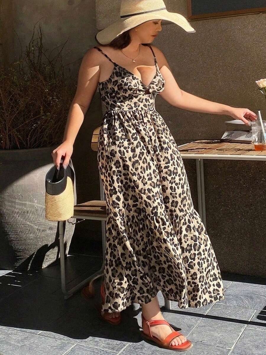 Dazy Plus Vestido largo de tirantes estilo A con estampado de leopardo, para talla grande, estilo de vacaciones, atuendo de crucero de verano para mujeres - Caqui - Ver 1