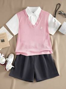 SHEIN Explorewe 2 pièces/set Chemise à carreaux vibrants waffle + shorts gris foncé pour filles préadolescentes, tenue décontractée pour l'école et les activités extérieures de printemps et d'été - Vieux Rose - Voir 1