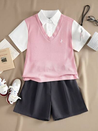 SHEIN Explorewe 2 件套 Tween 女童休闲校园活力华夫格子 2 合 1 衬衫 + 深灰色短裤，适合春夏户外活动