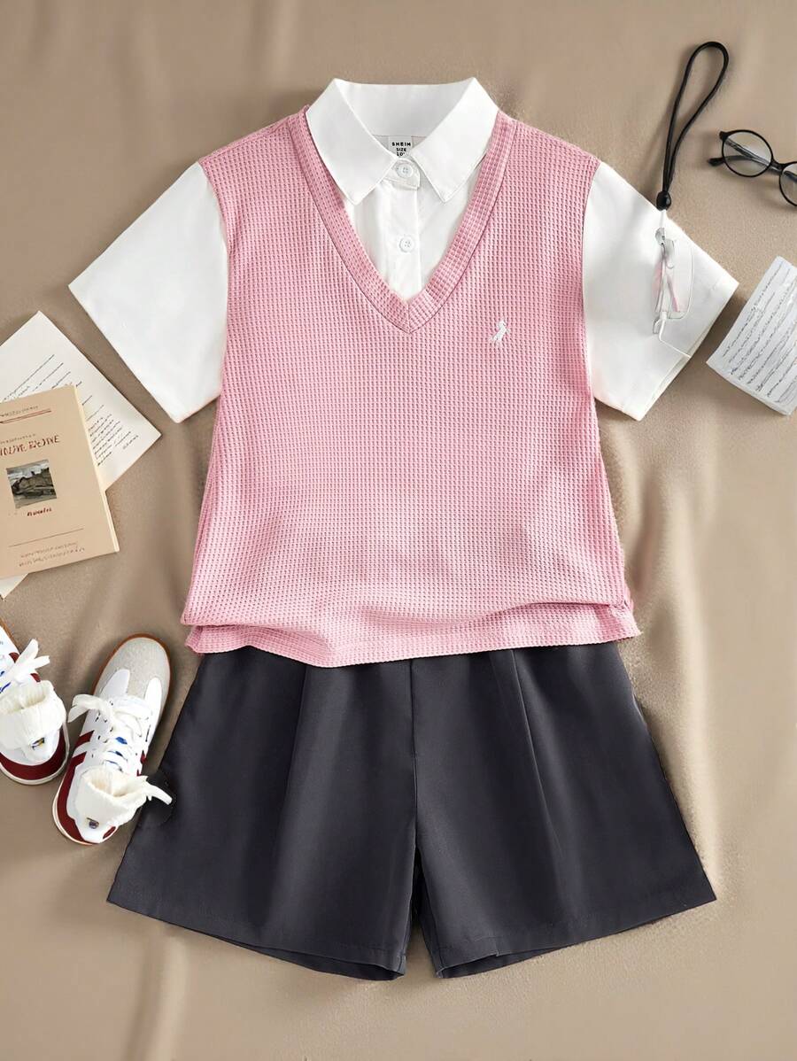 SHEIN Explorewe 2 pièces/set Chemise à carreaux vibrants waffle + shorts gris foncé pour filles préadolescentes, tenue décontractée pour l'école et les activités extérieures de printemps et d'été - Vieux Rose - Voir 1