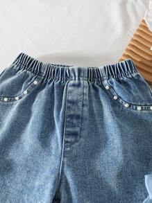 SHEIN Playful Pals 女童休闲甜美圆领盖袖修身短款上衣和蝴蝶结松紧腰磨边牛仔短裤套装 - 白色 - 查看 7