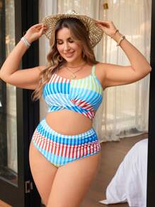 Swim Vcay 2 pezzi/set Costume da bagno a righe con stampa digitale per donne taglie forti, adatto per vacanze estive in spiaggia - Multicolore - Visualizzare 4