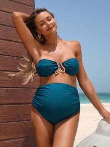 SHEIN Pregnant Women Metal Decor Sexy Bandeau Bikini Set, Summer Beach - Teal Blue - View 5