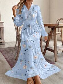 SHEIN VCAY Plus Size Floral Print Lace Patchwork Notched Neck Long Sleeve Dress,Flowy Dress,Sun Dresses For Women - Baby Blue - View 4