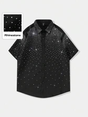 ROMWE Avant Chemise pour homme ornée de strass, convient pour un port quotidien, printemps/été