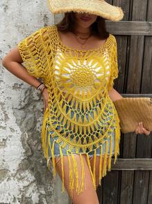 SHEIN VCAY Plus Size Women Casual Solid Color Hollow-Out Tassel Hem Knit Sweater