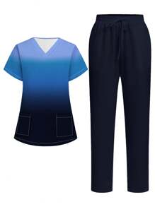 PopScrub Conjunto de uniformes de enfermera con escote en V y manga corta degradado, para verano - Azul - Ver 12