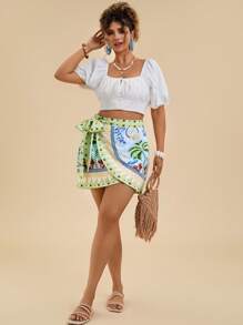 Travachic Gonna da vacanza casual con stampa tropicale e fiocco laterale, taglie grandi