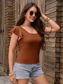 SHEIN Privé 夏季休闲纯色短袖T恤，秋季上衣 - 棕色 - 查看 4