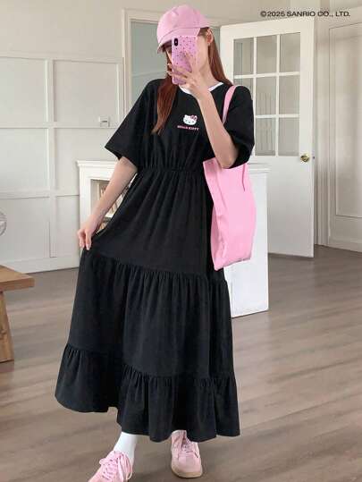 HELLO KITTY | DAZY 宽松拼色束腰A字形卡通印花图案女士连衣裙、休闲女装、教师装